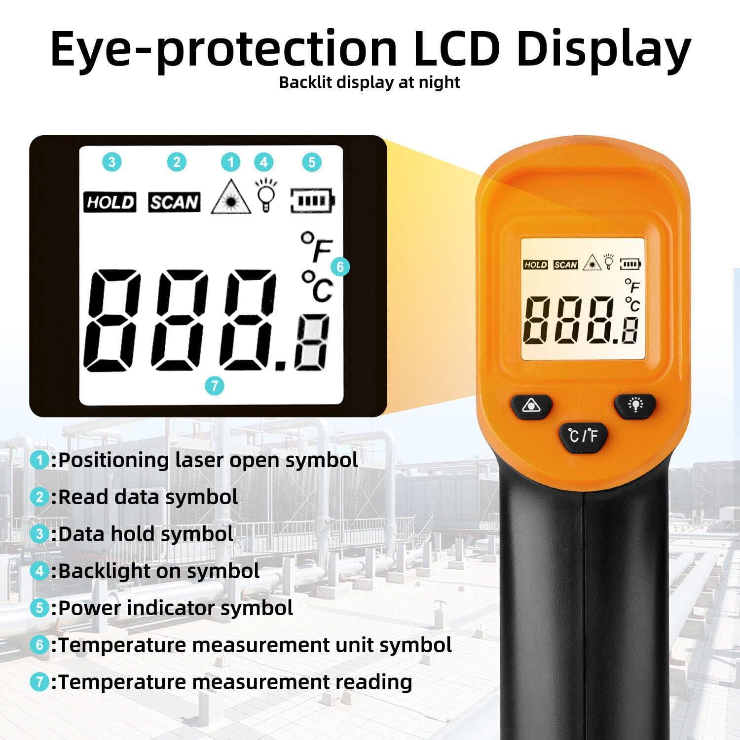 Ein orangefarbenes digitales Thermometer mit einem Bildschirm, der Zahlen anzeigt. Details sind auf dem Bildschirm und den Tasten.