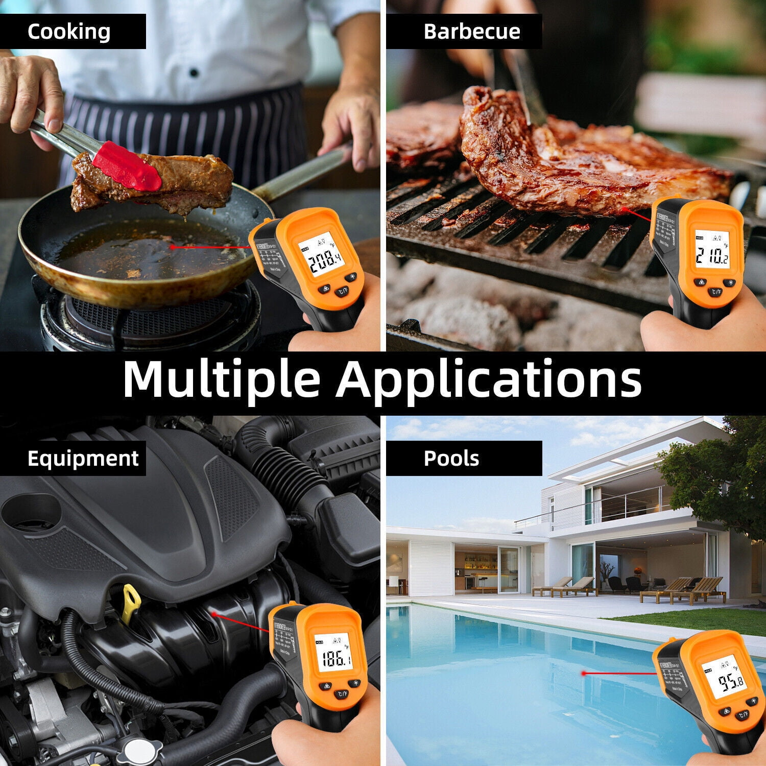 Bilder zeigen Temperaturmessungen mit einem digitalen Thermometer, verwendet beim Kochen, Grillen und in Geräten.