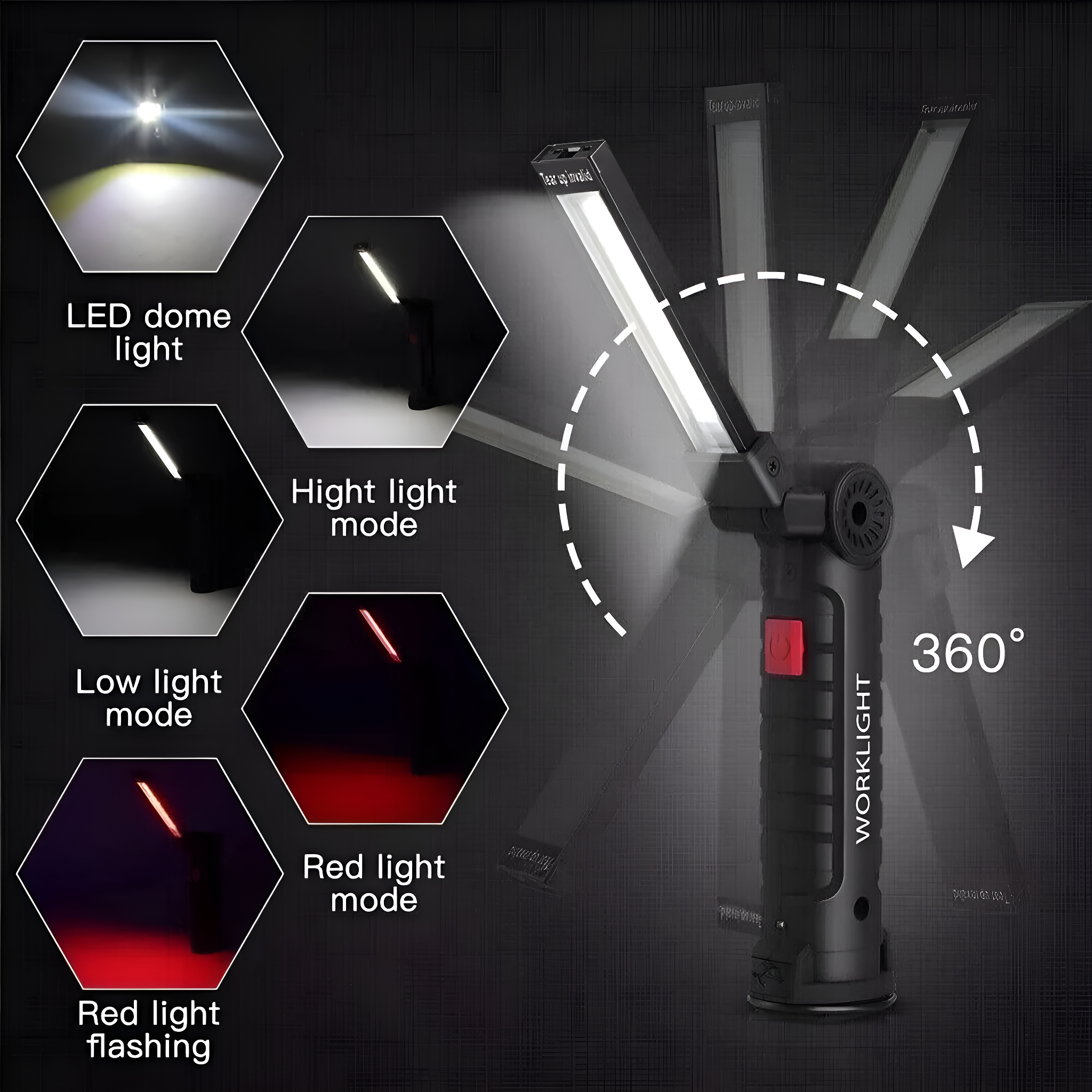 Schwarze Taschenlampe mit mehreren Lichtmodi. Sechseckige Formen zeigen Lichtvariationen.