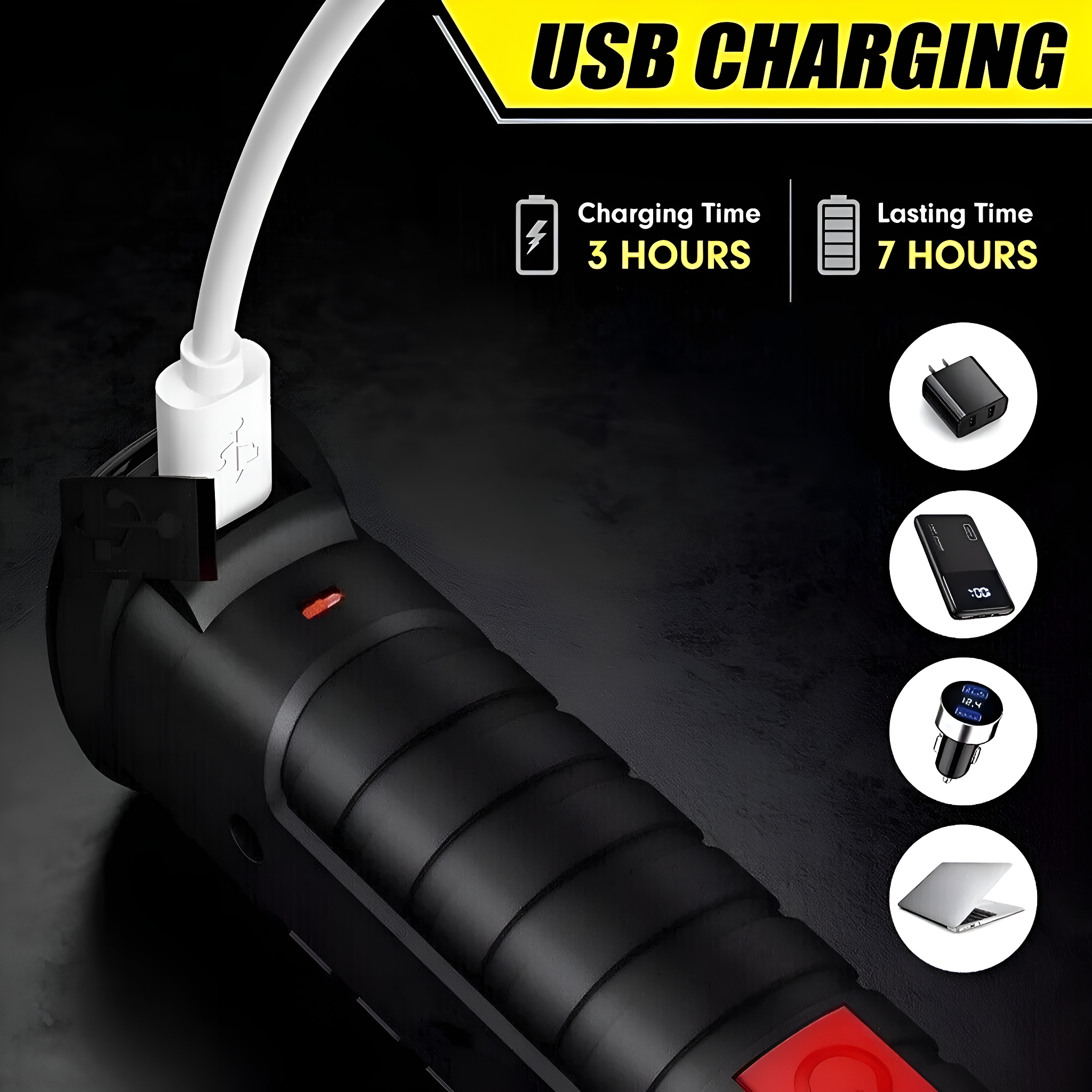 Ein schwarzes Ladegerät mit weißem USB-Kabel und Ladeanzeige.