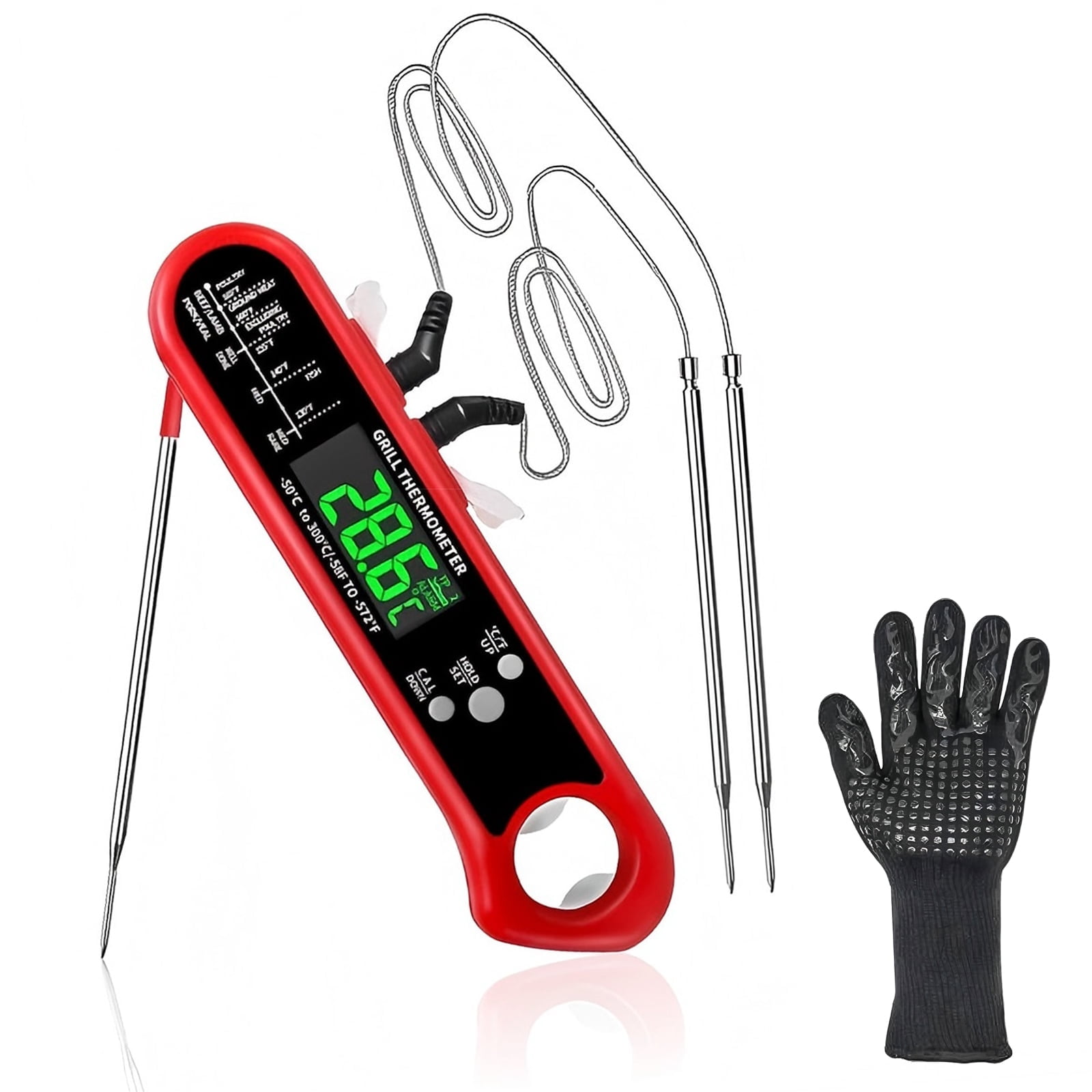 Ein rotes Grillthermometer mit Sonden und einem schwarzen Handschuh.