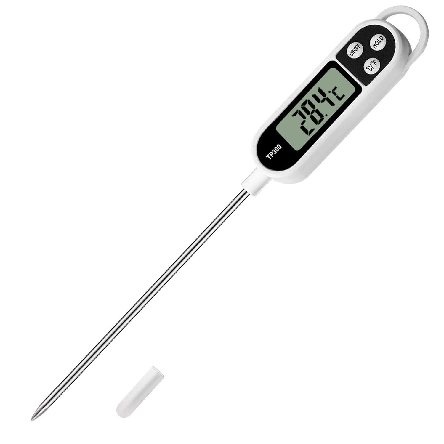 Digitales Thermometer mit langer Sonde, misst 28,4 °C. Eine weiße Kappe liegt daneben.