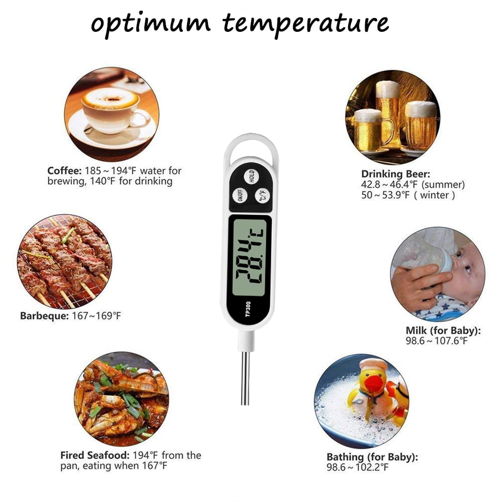 Ein Thermometer zeigt die optimalen Temperaturen für Kaffee, Bier, Grillen, Milch, Baden und Meeresfrüchte an.