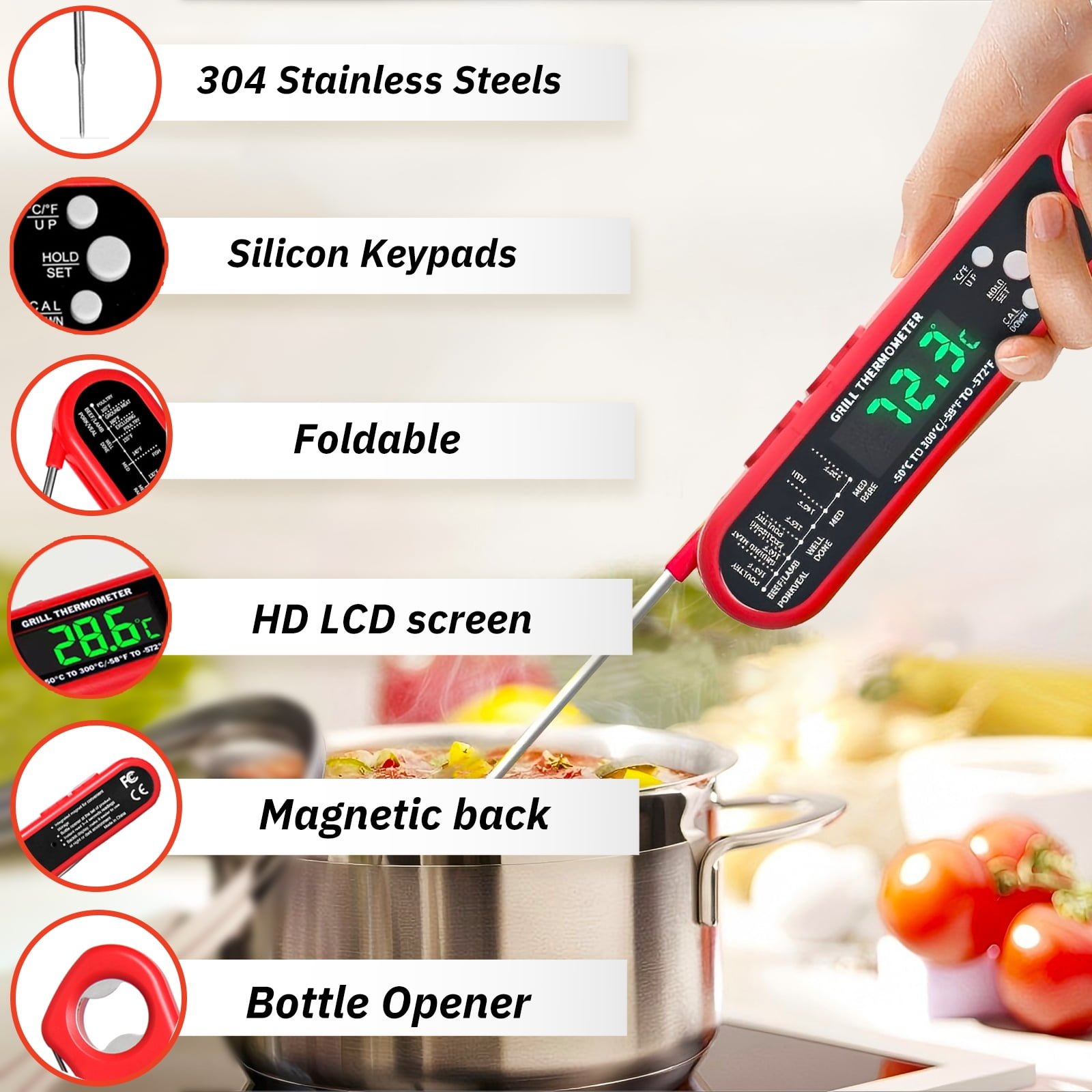 Rotes digitales Grillthermometer zeigt die Temperatur. Hand hält es über einen Topf. Etiketten: Stahl, Tastatur, faltbar, LCD, magnetisch.