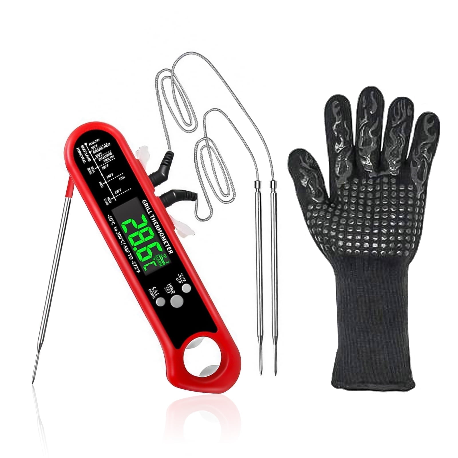 Ein rotes Thermometer und ein schwarzer Grillhandschuh auf weißem Hintergrund.