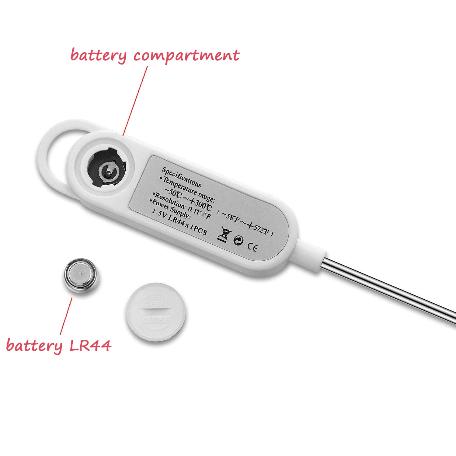 Thermometer mit Batterie und Batteriefach. Weißes Gehäuse, schwarzer Bildschirm. Text und Beschriftungen.