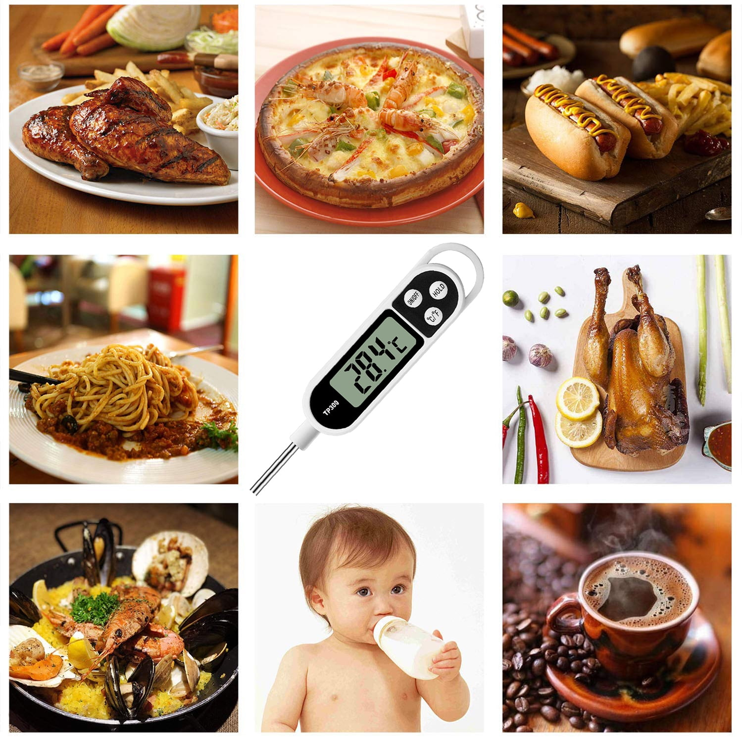 Eine Collage von Lebensmitteln: Huhn, Pizza, Hotdogs, Pasta, Thermometer, Braten, Baby, Kaffee.