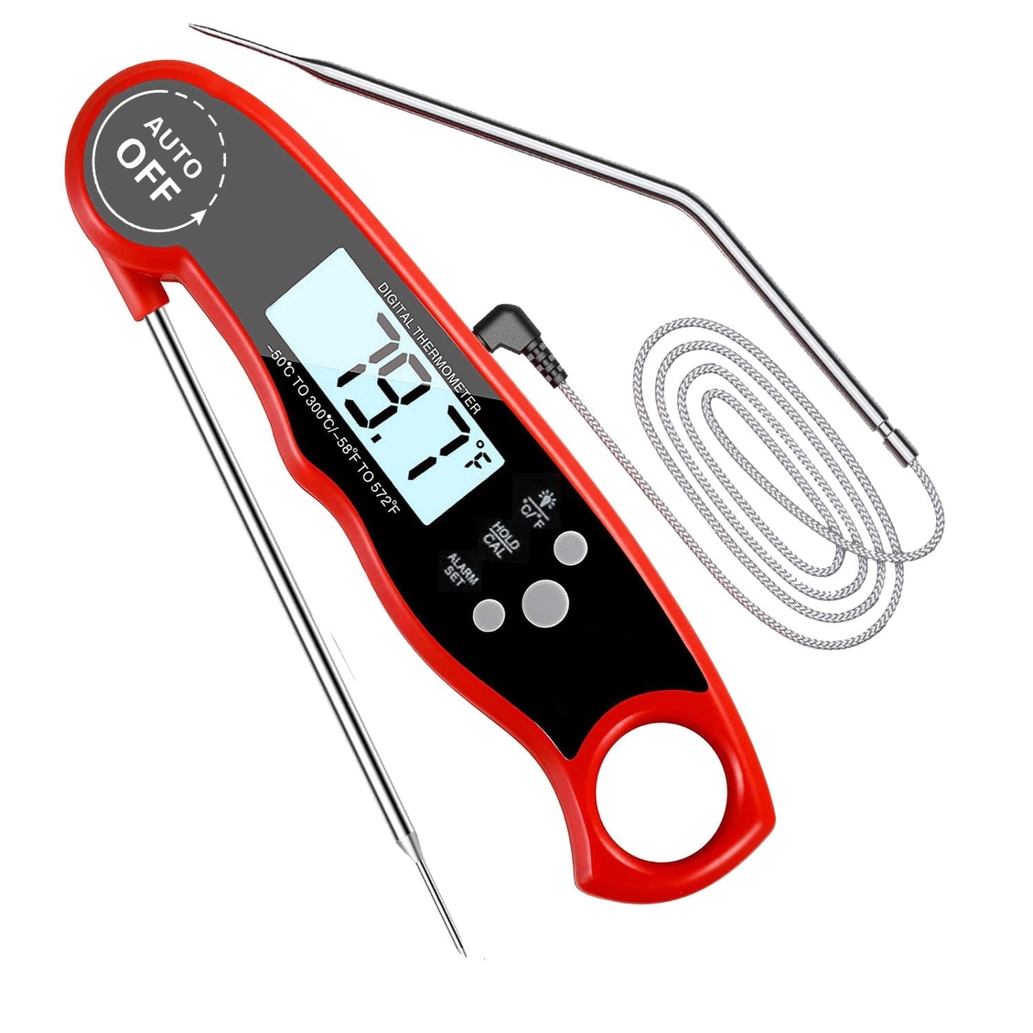 Rotes digitales Thermometer mit zwei Sonden und LCD-Anzeige, 79,7°F. Weißer Hintergrund.
