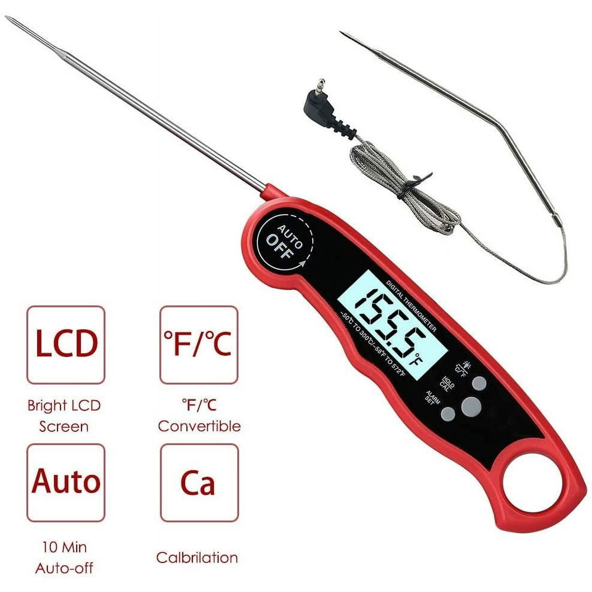 Rotes digitales Thermometer. Zeigt die Temperatur an. Auto-Off-Funktion. Inklusive Sonde und Kabel.