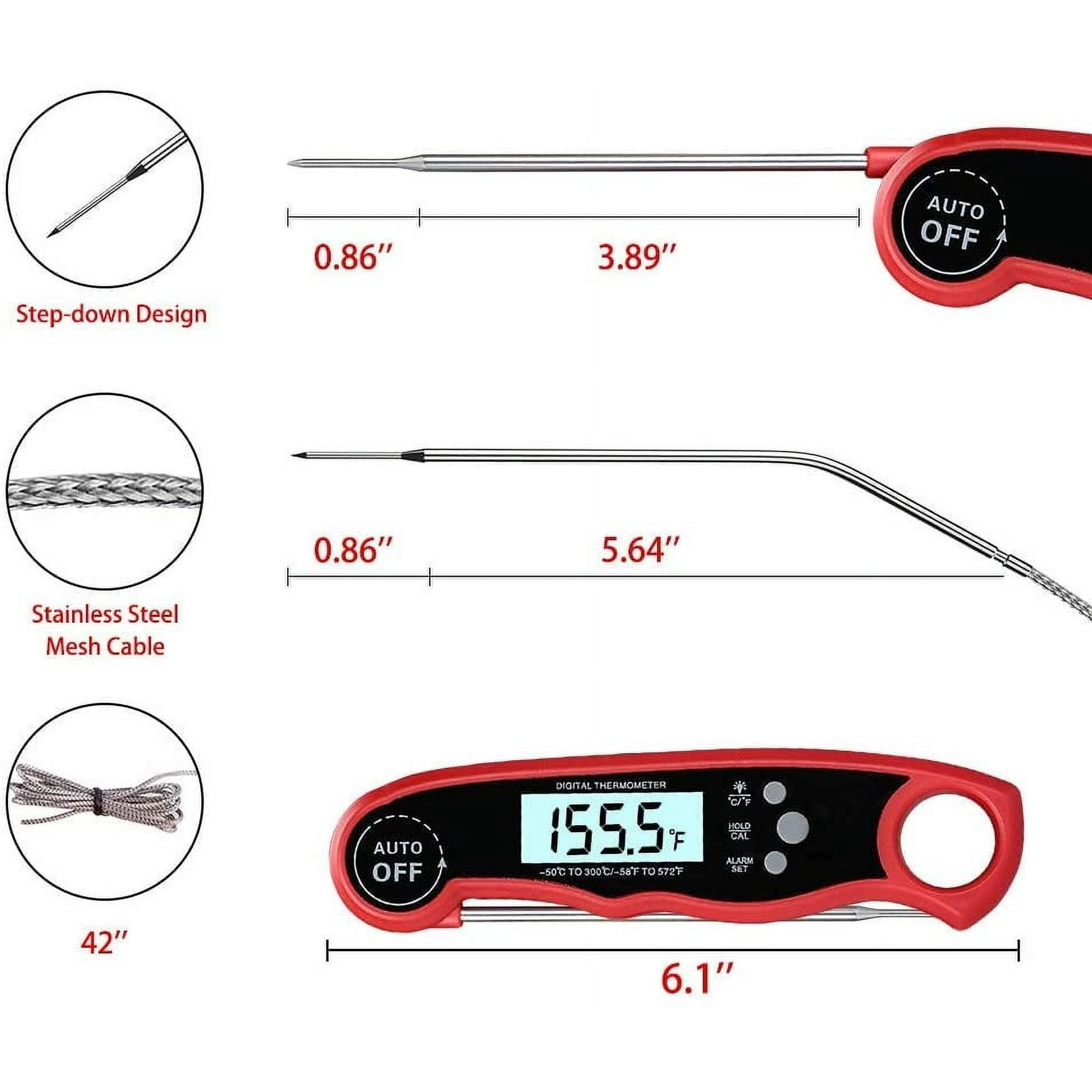 Ein digitales Thermometer wird mit Messanzeigen in einem roten Faltdesign gezeigt.