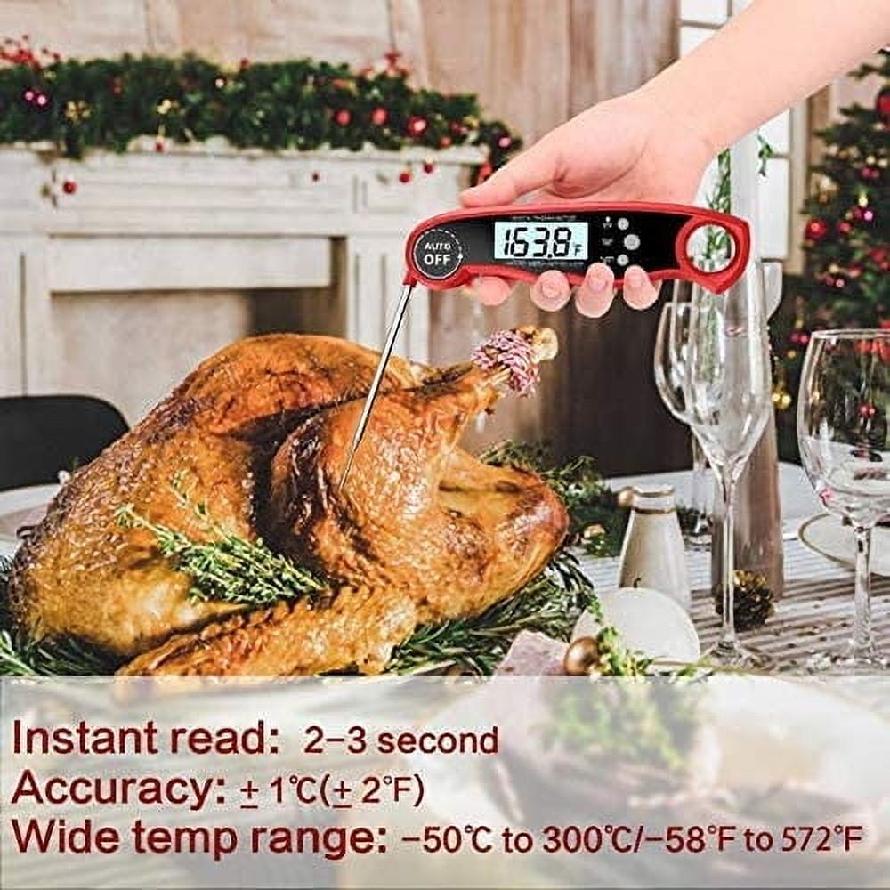 Eine Truthahn wird mit einem Thermometer gemessen, mit Text, der die Eigenschaften des Thermometers beschreibt.