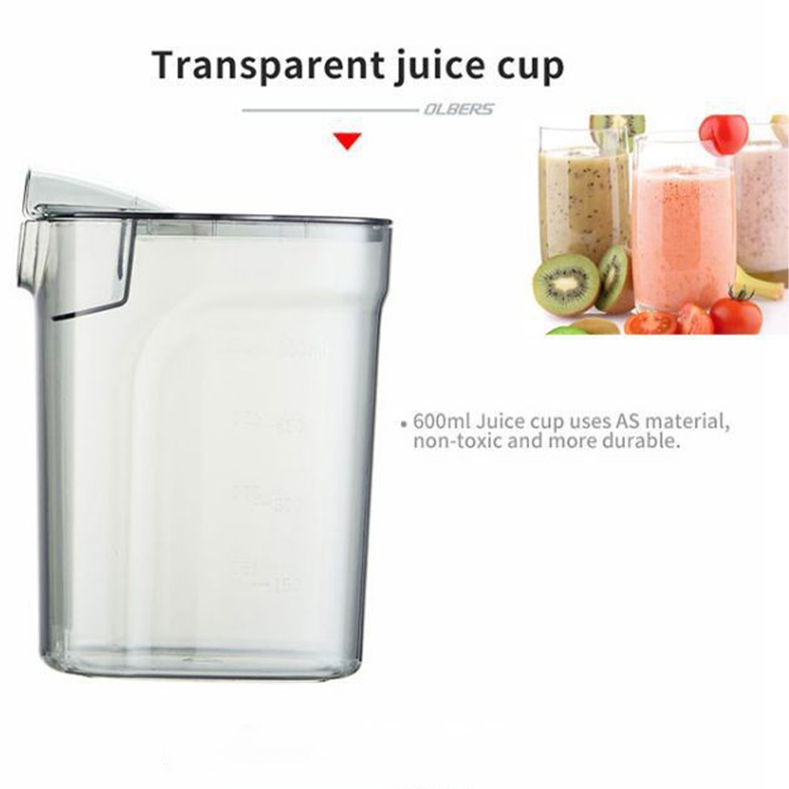 Transparenter Saftbecher neben Frucht-Smoothies und Text über den Becher.