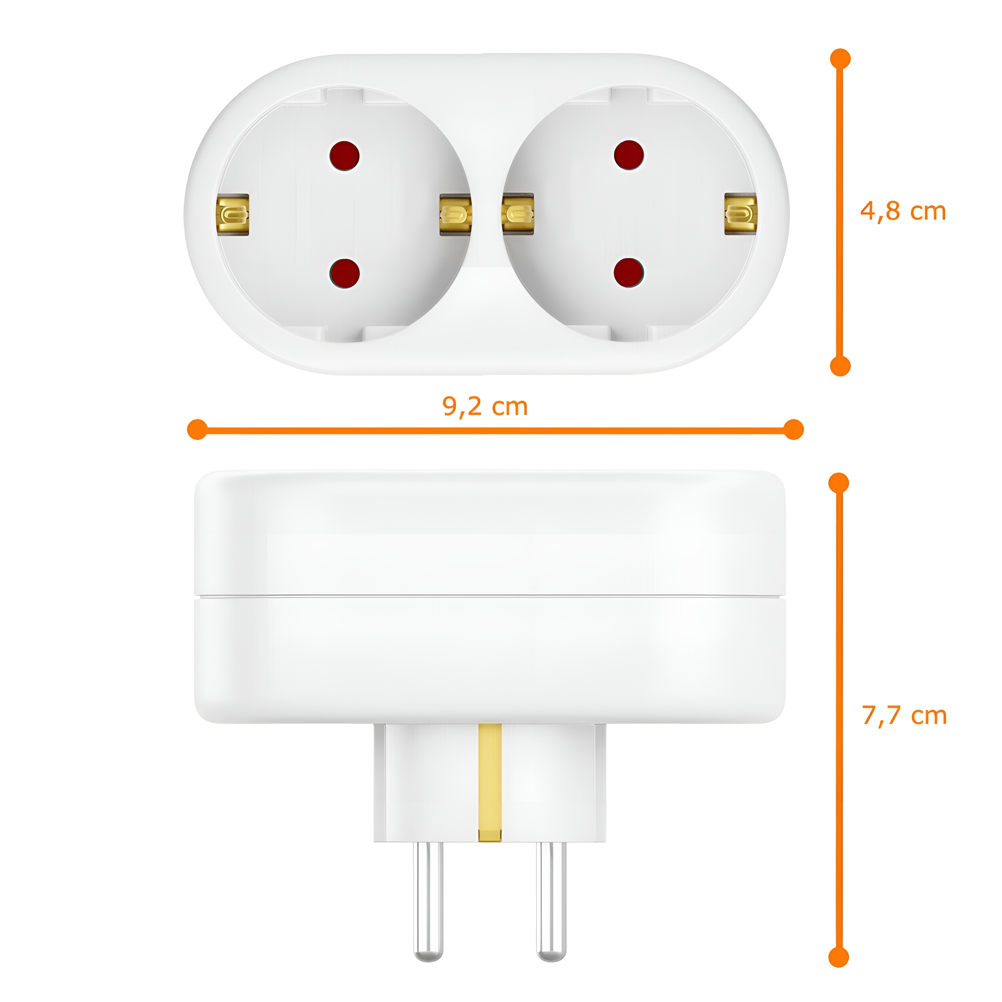 Weißer Netzadapter mit zwei Steckdosen und Maßangaben. Der untere Teil ist ein Stecker.