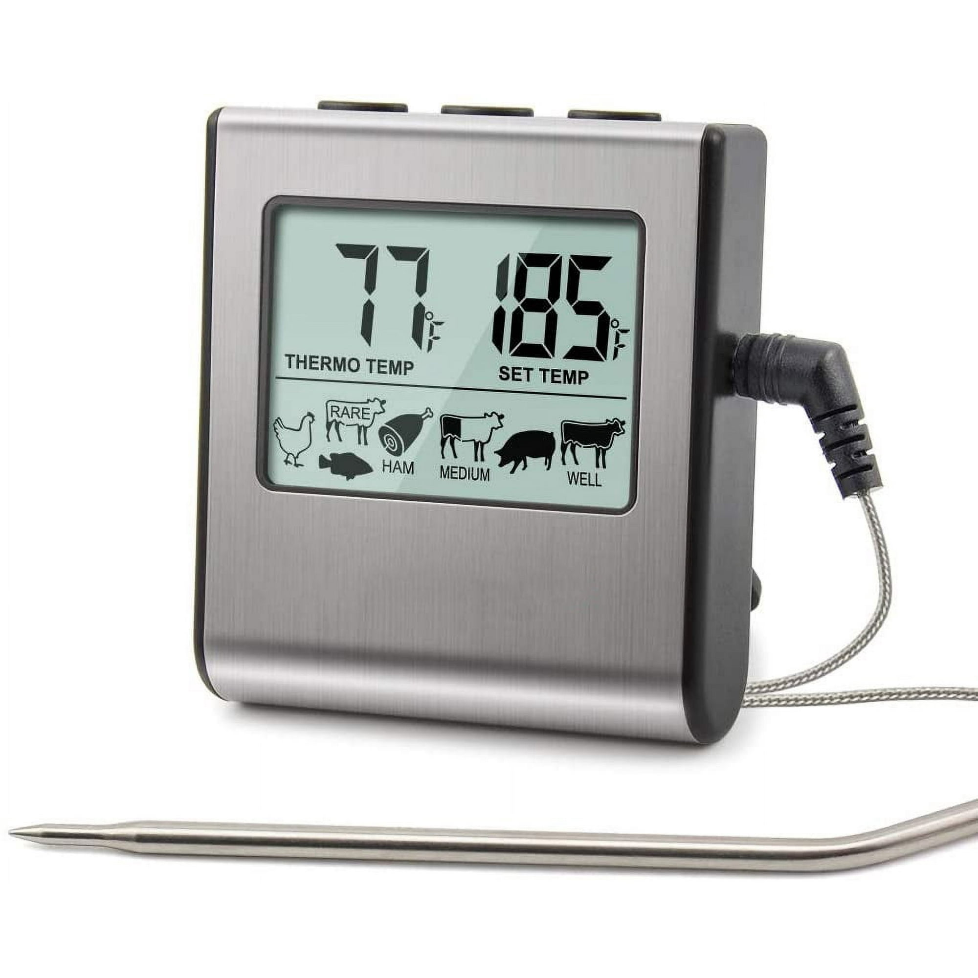 Digitales Fleischthermometer mit Temperaturanzeige und verschiedenen Fleischsymbolen.