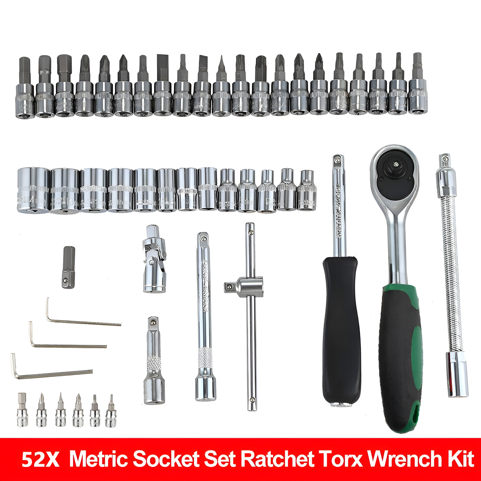 Ein 52-teiliges Set metrischer Steckschlüssel, Ratschen, Torx-Schlüssel und anderer Werkzeuge.