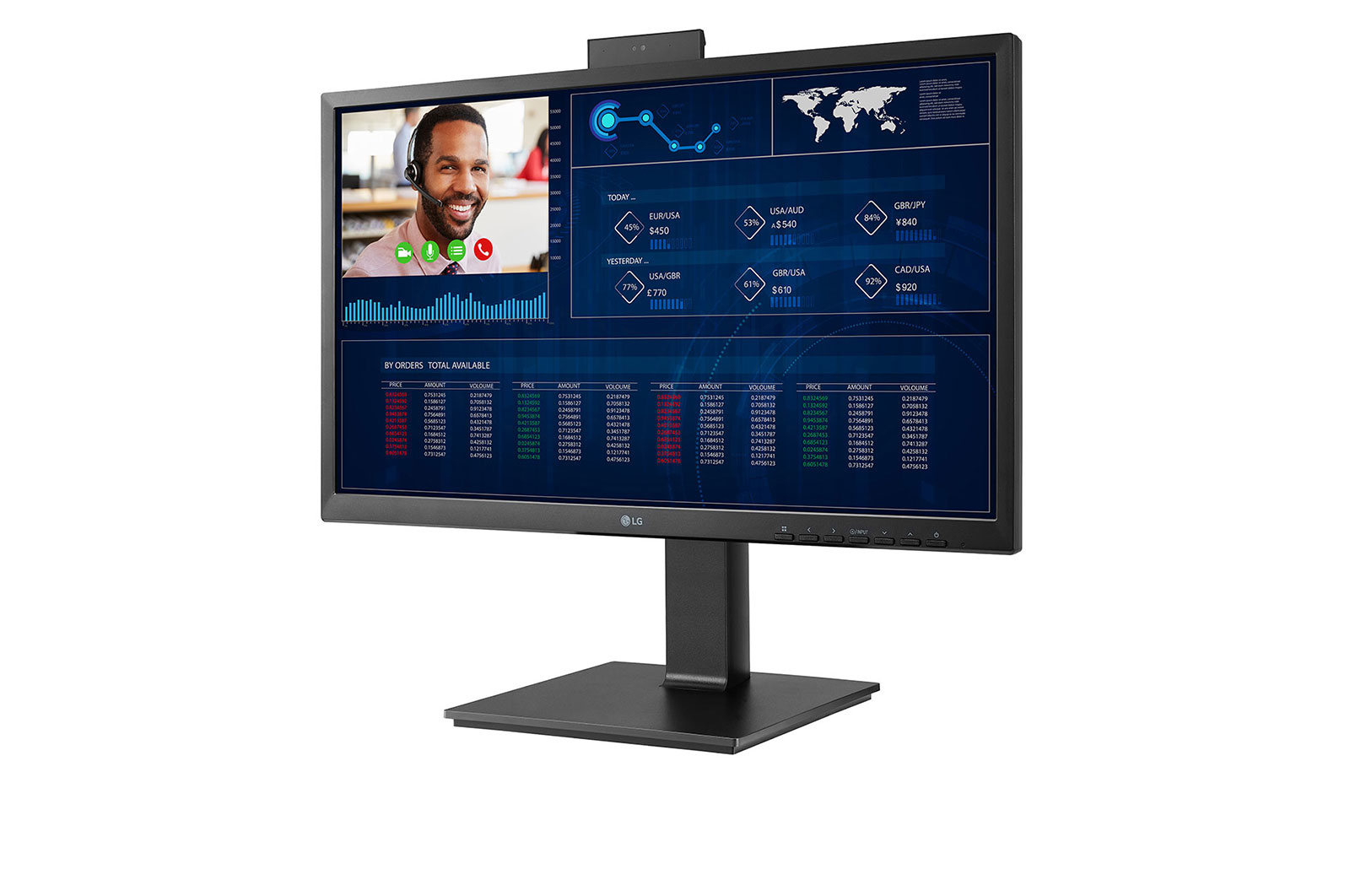 Monitor LG z rozmową wideo, wykresami danych i mapą świata, na białym tle.
