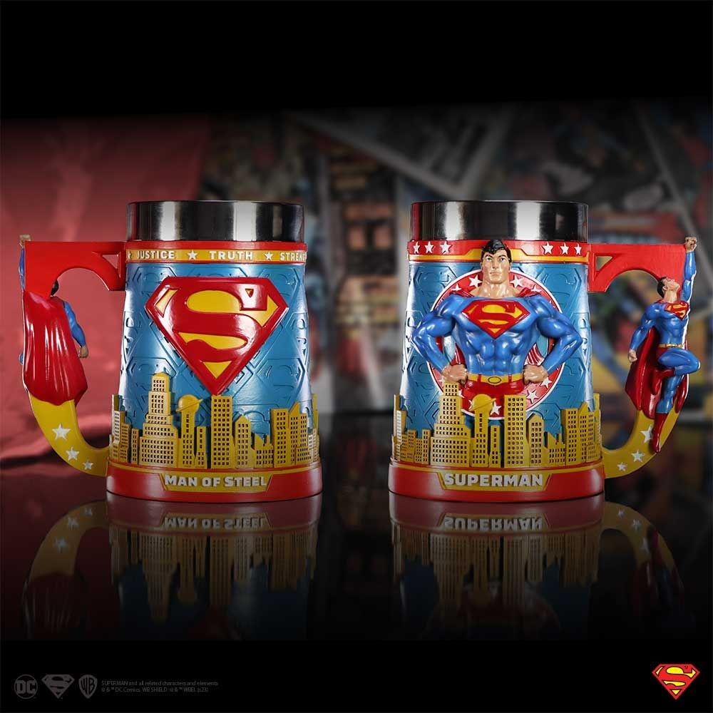 Two Superman mugs. One mug has Superman in front of a city. The other has Superman's logo and name.