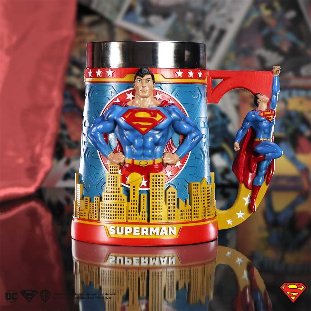 Superman mug with Superman figures, city skyline, and logo. Comic background.
