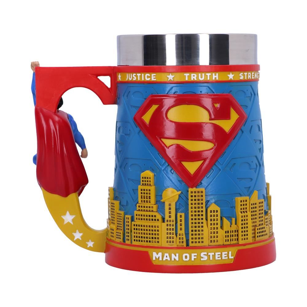Superman beer mug with a city design. Red, blue, yellow, and silver. White background.