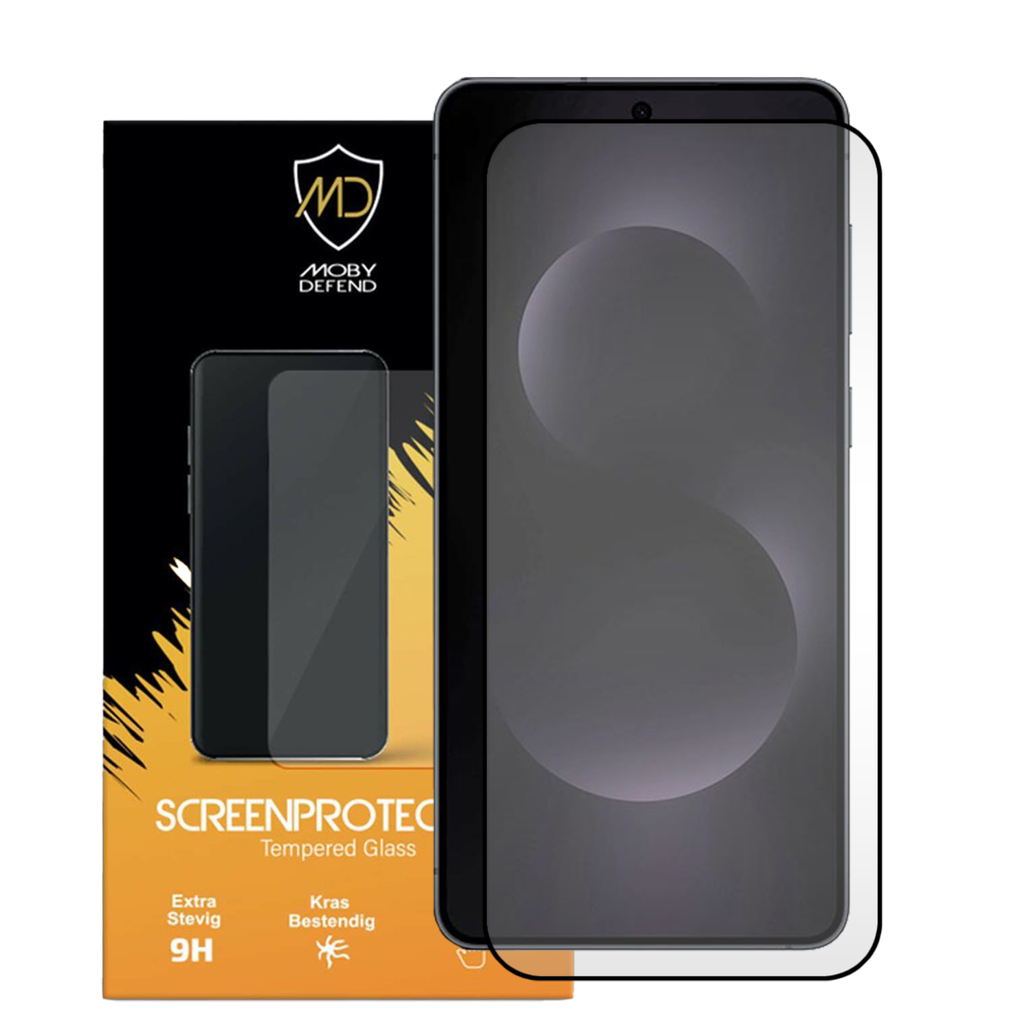 Protecteur d'écran de téléphone dans une boîte. Le téléphone est montré avec et sans le protecteur.