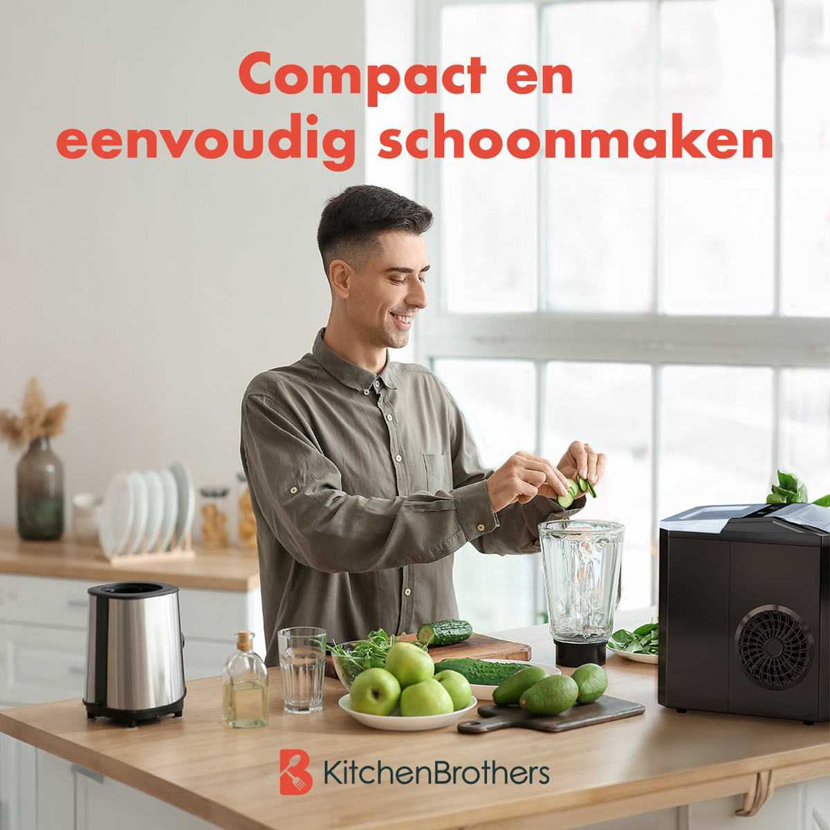 Man preparing ingredients. Text: Compact and easy to clean. KitchenBrothers logo.