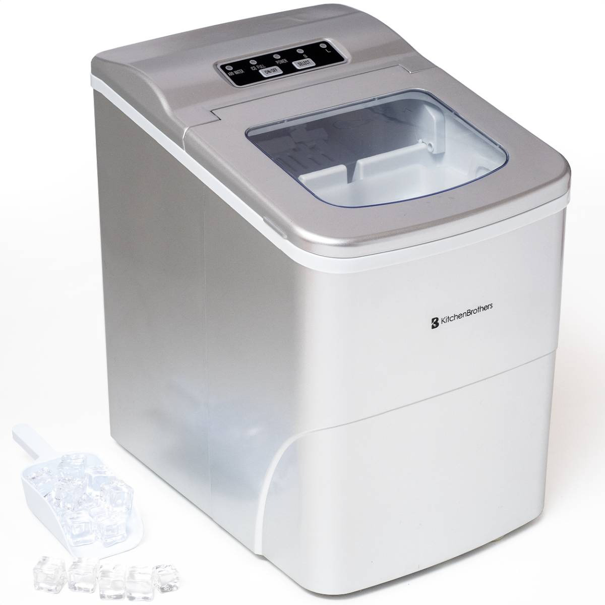 Silberne Eismaschine mit Eiswürfeln und Schaufel.