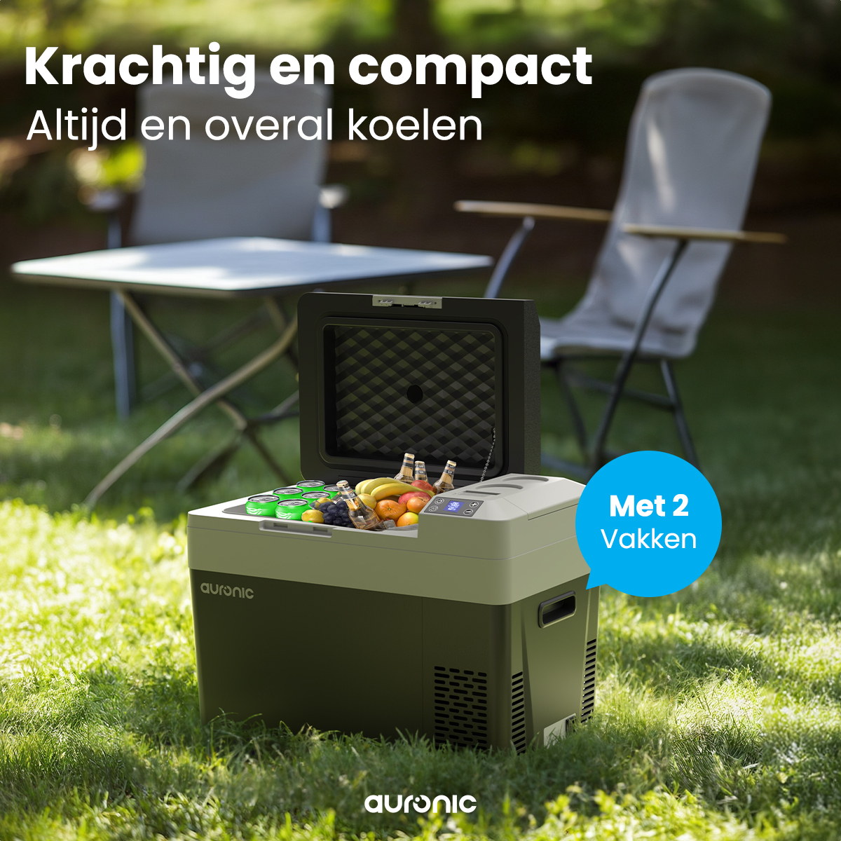 Une glacière avec de la nourriture, entourée d'herbe et de chaises. Le texte indique 'Puissant et compact'.