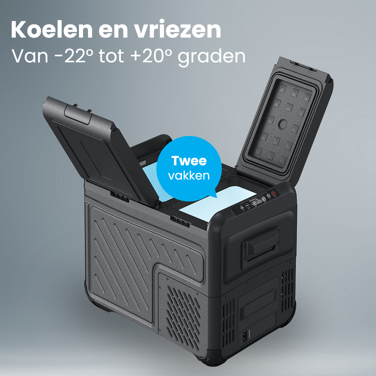 Zwarte koeler met open deksels. Tekst: Koelen en vriezen. Twee compartimenten worden getoond.