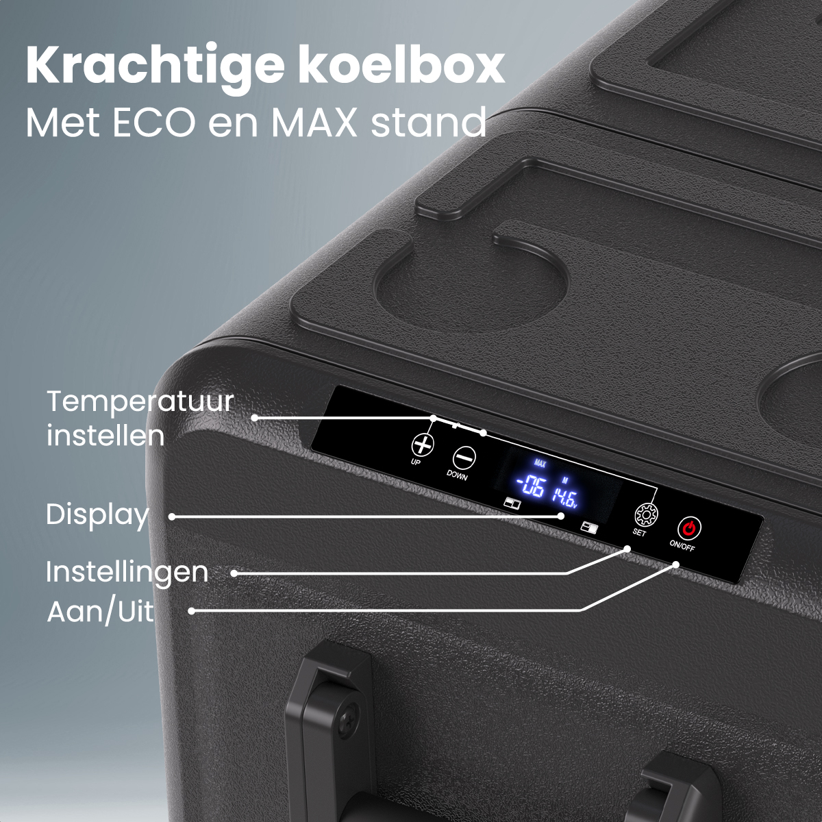 Close-up van het display van de koelbox. Knoppen voor temperatuurregeling, display, instellingen en aan/uit.