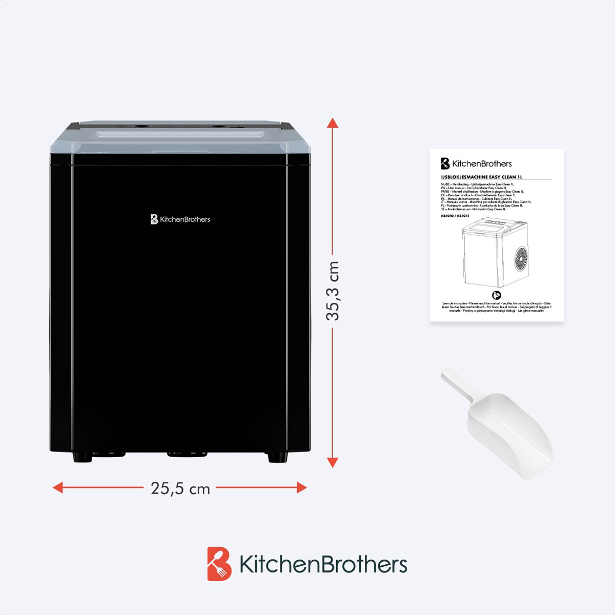 Black ice maker with dimensions and ice scoop on white background.