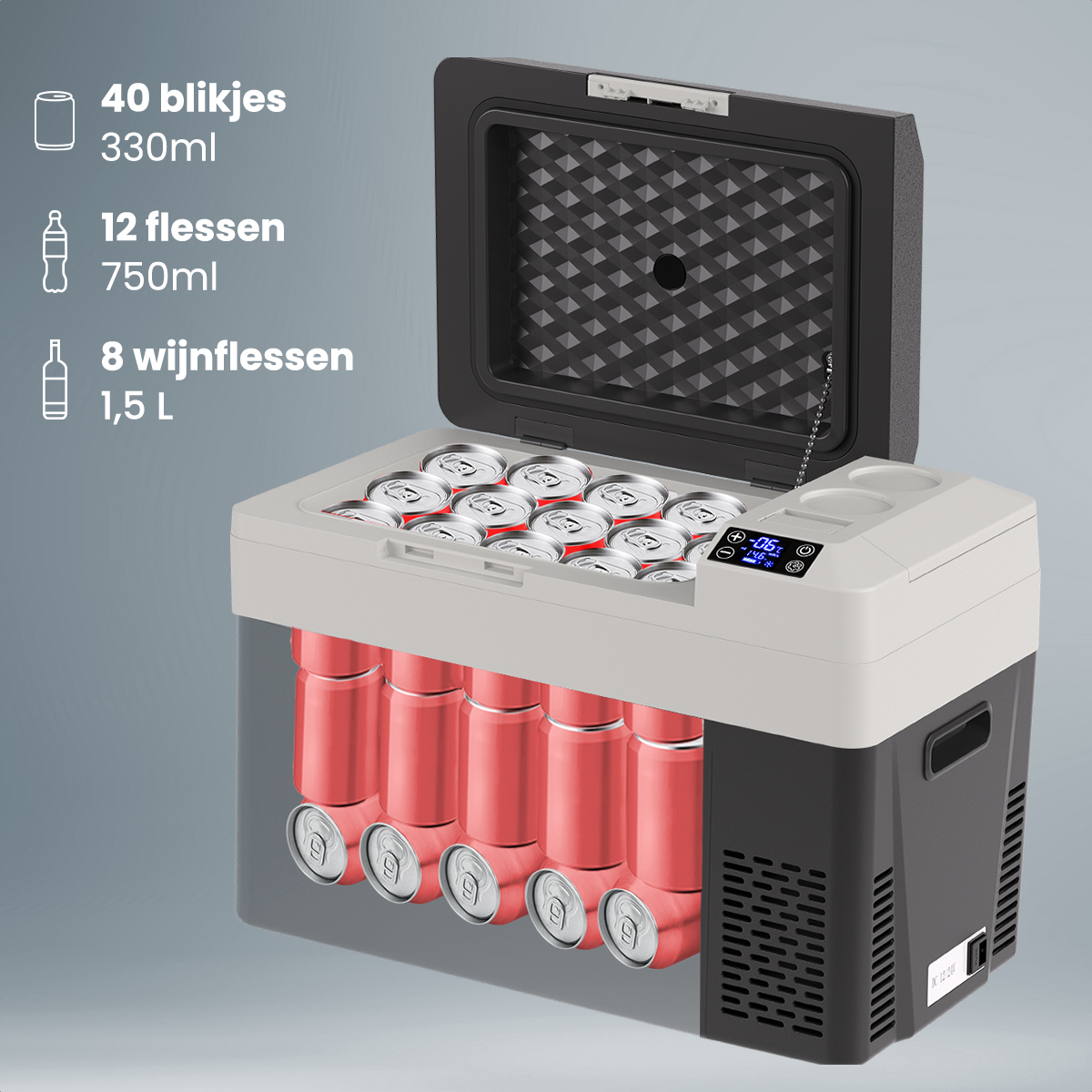 Glacière ouverte avec boissons à l'intérieur, montrant la capacité pour canettes et bouteilles.