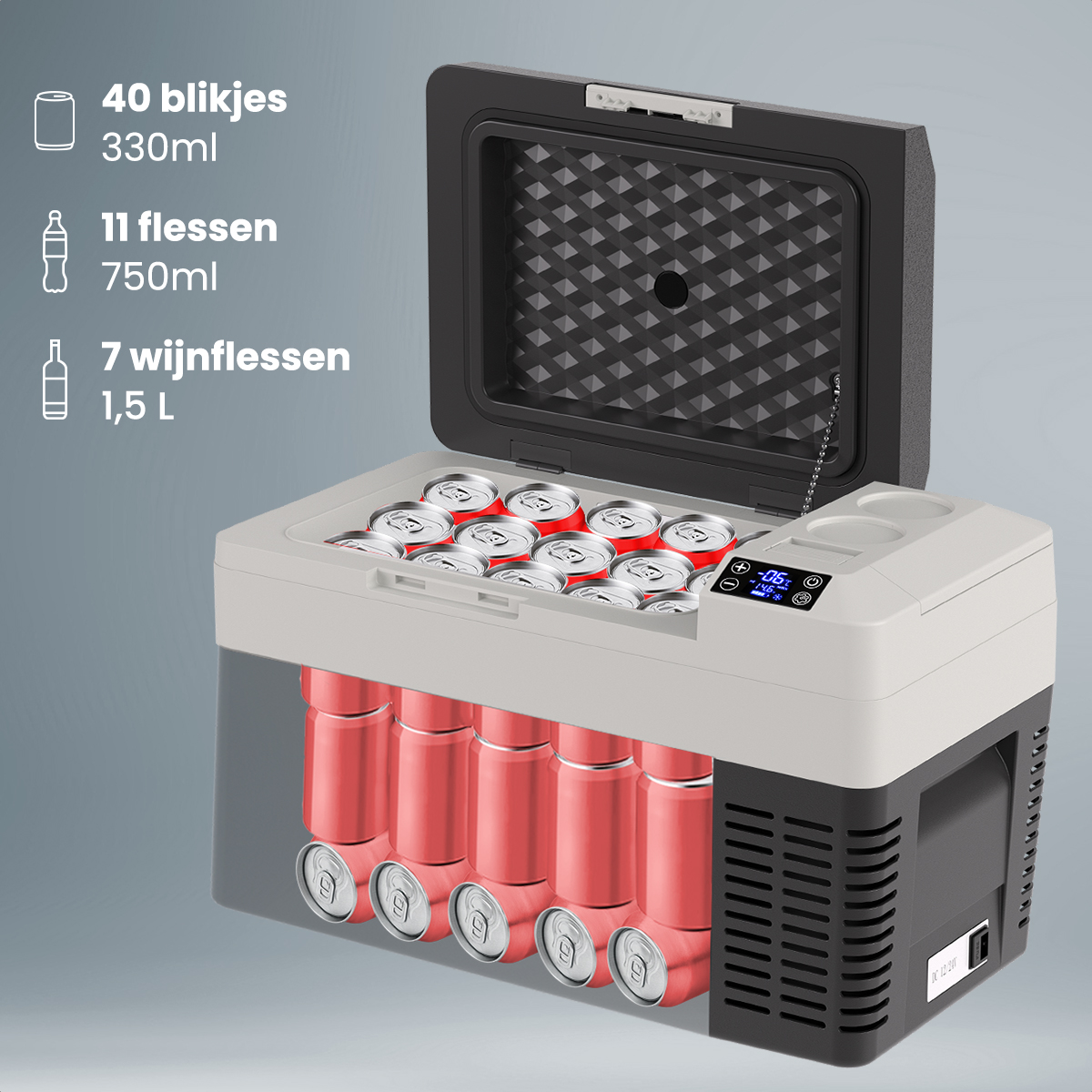Glacière ouverte avec boissons à l'intérieur, montrant la capacité pour canettes et bouteilles.