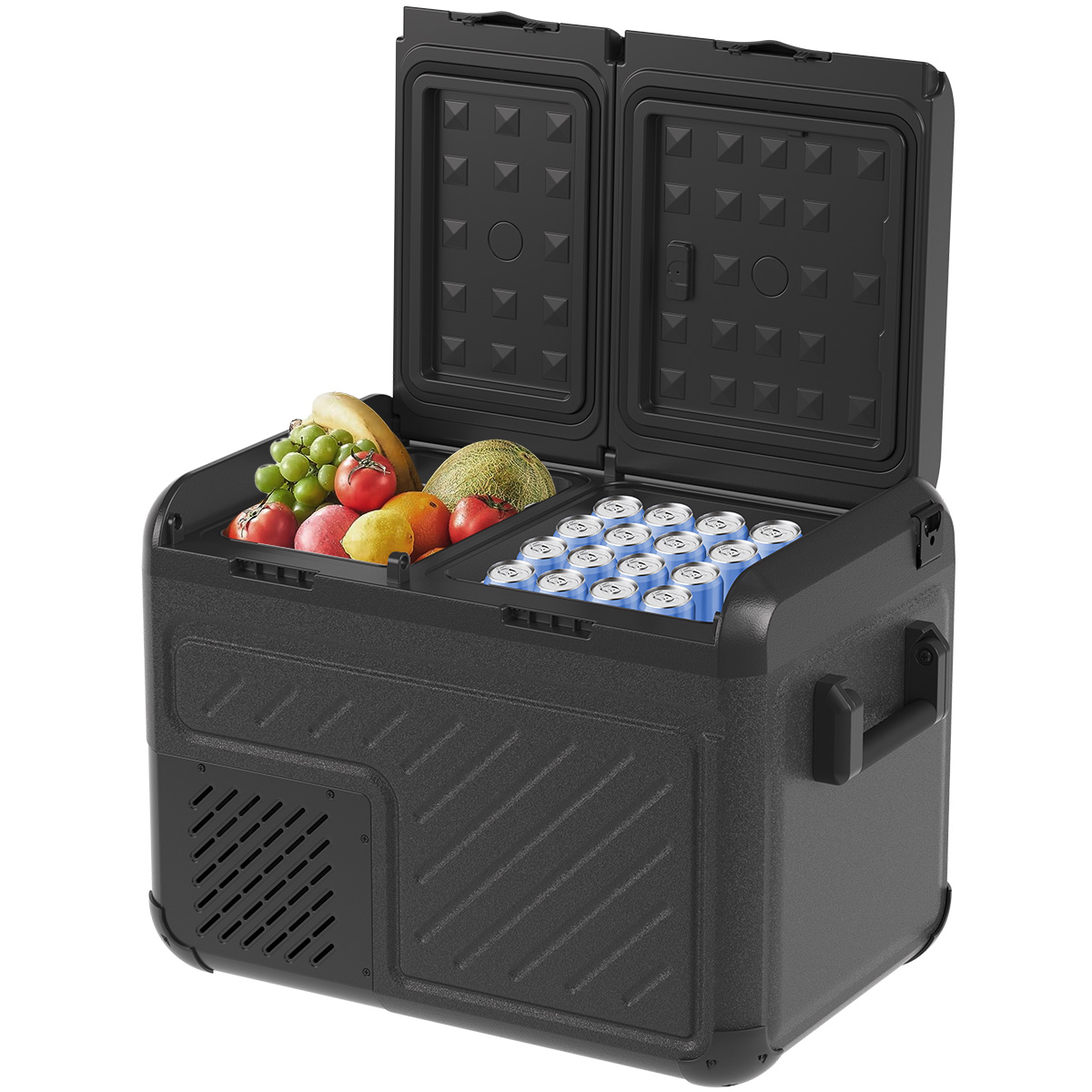 Zwarte koelbox met open deksel met fruit en drankjes, verdeeld in twee compartimenten. De achtergrond is wit.