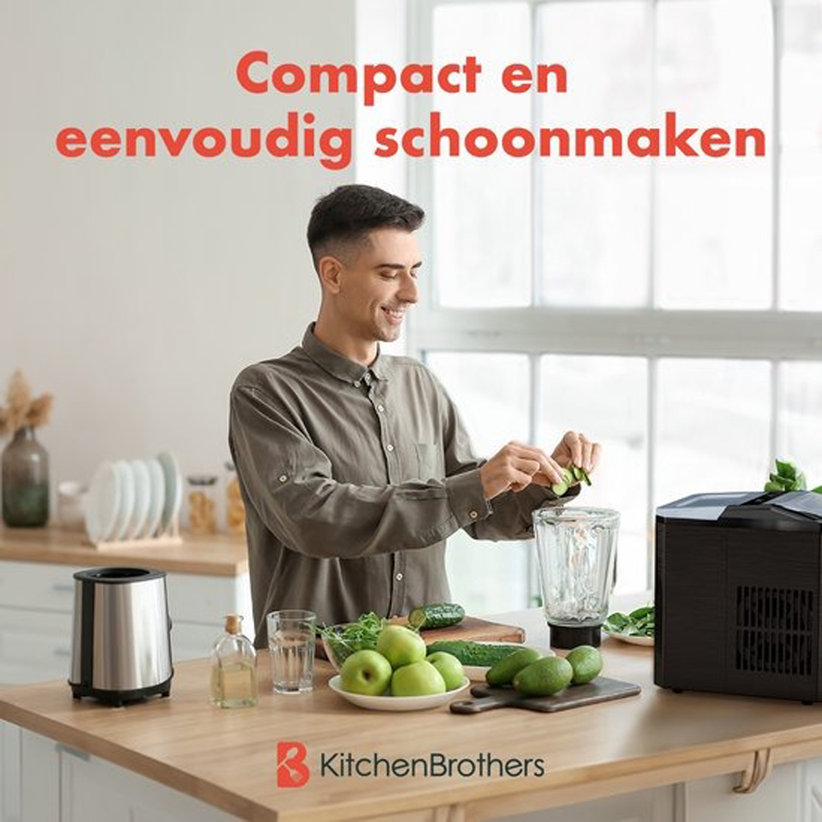 Man preparing food with a blender, fruits and vegetables are on the table.