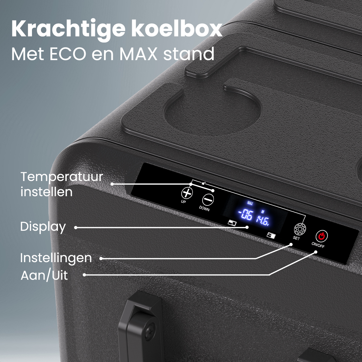 Close-up van het bedieningspaneel van een zwarte draagbare koelkast met temperatuurinstellingen en opties.