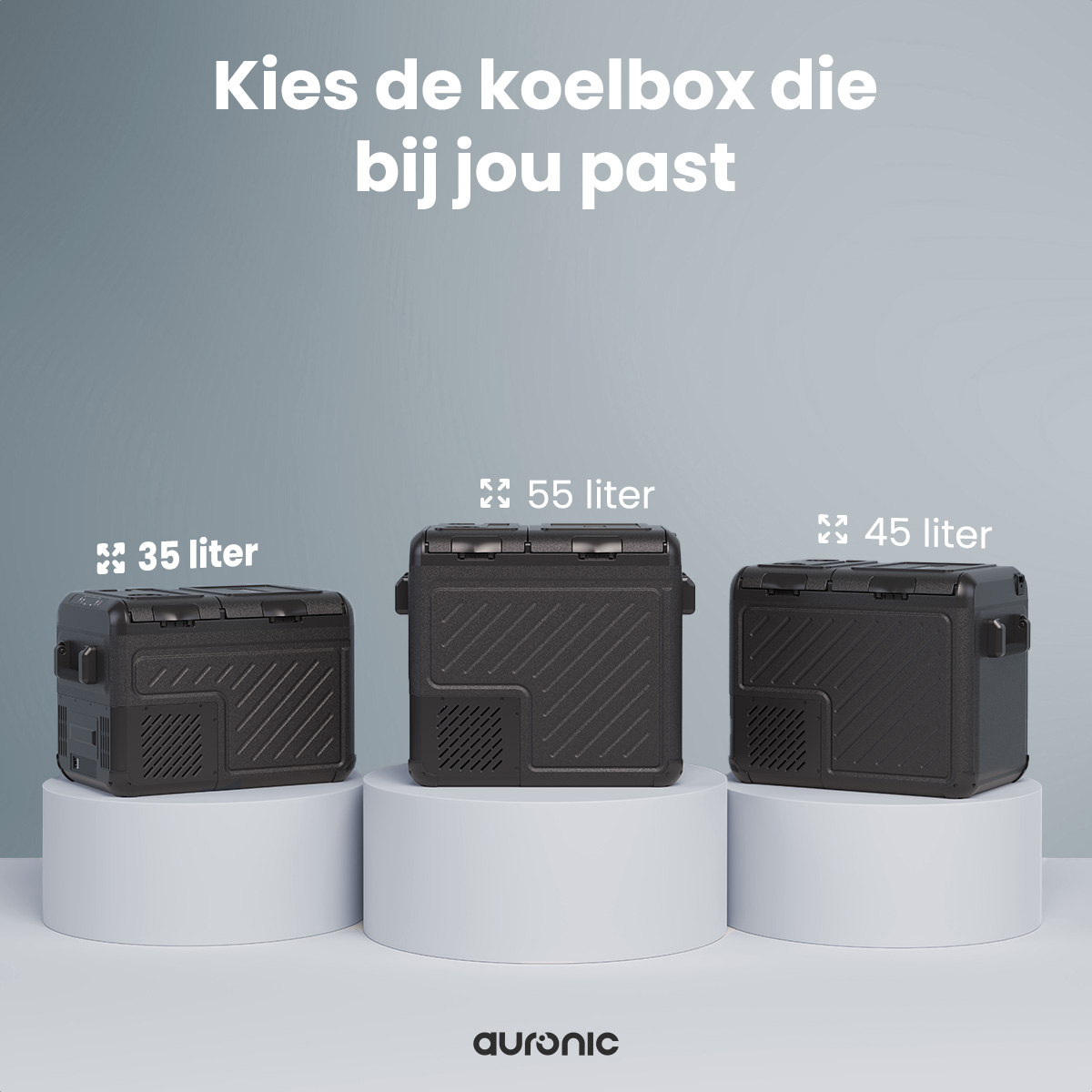 Three black cooler boxes on white pedestals, showing different capacities.