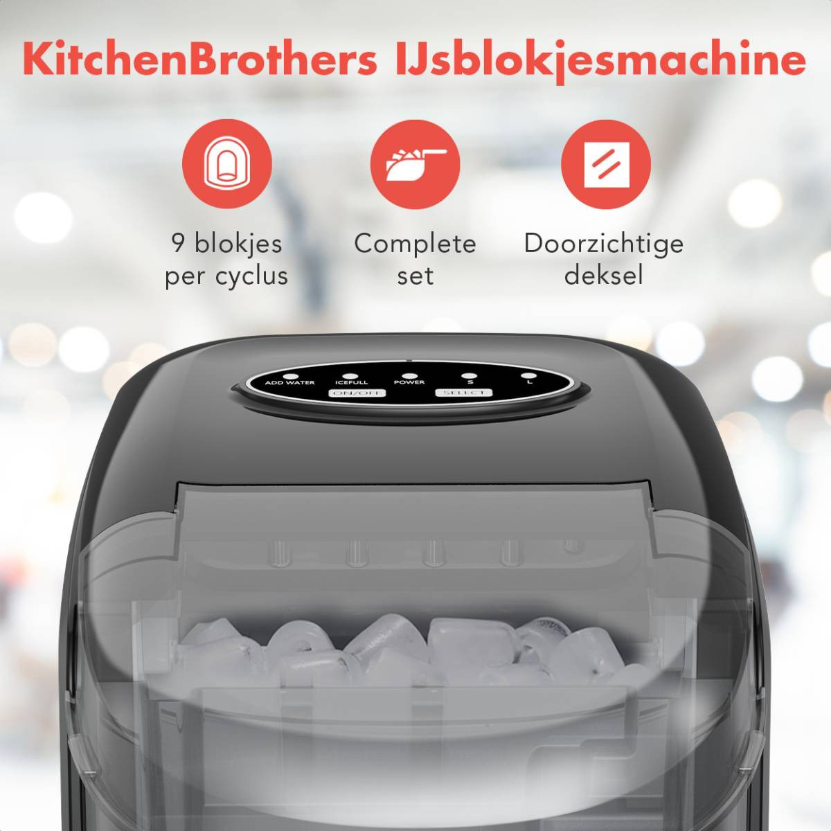 Ice machine with control panel, ice in the container. Icons indicating functions.