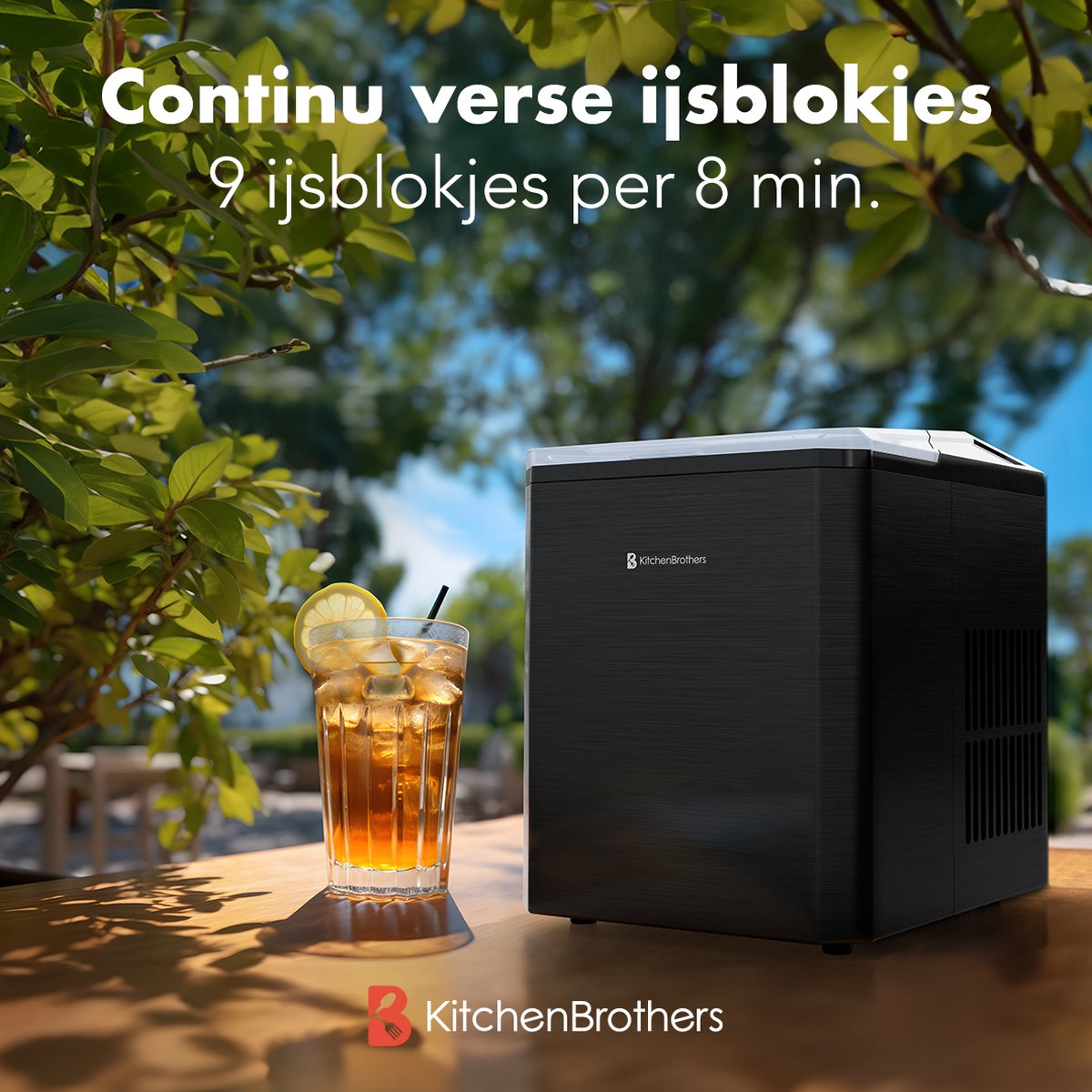 Black ice maker on a wooden table with a glass of iced tea and a plant.