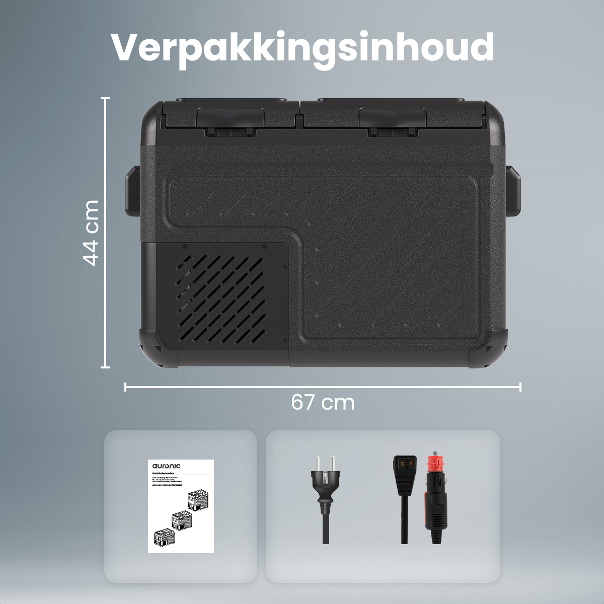 Glacière avec dimensions et accessoires. Texte : 44 cm, 67 cm. Comprend des cordons d'alimentation.
