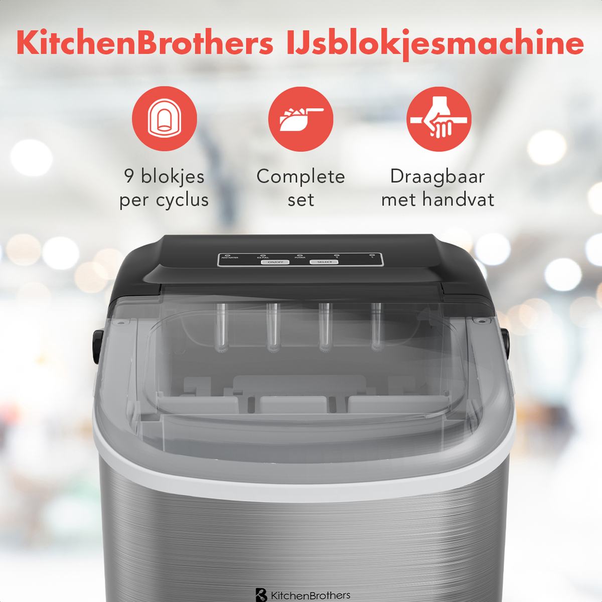 Ice machine with text and icons: 9 cubes per cycle, complete set, and portable with handle.