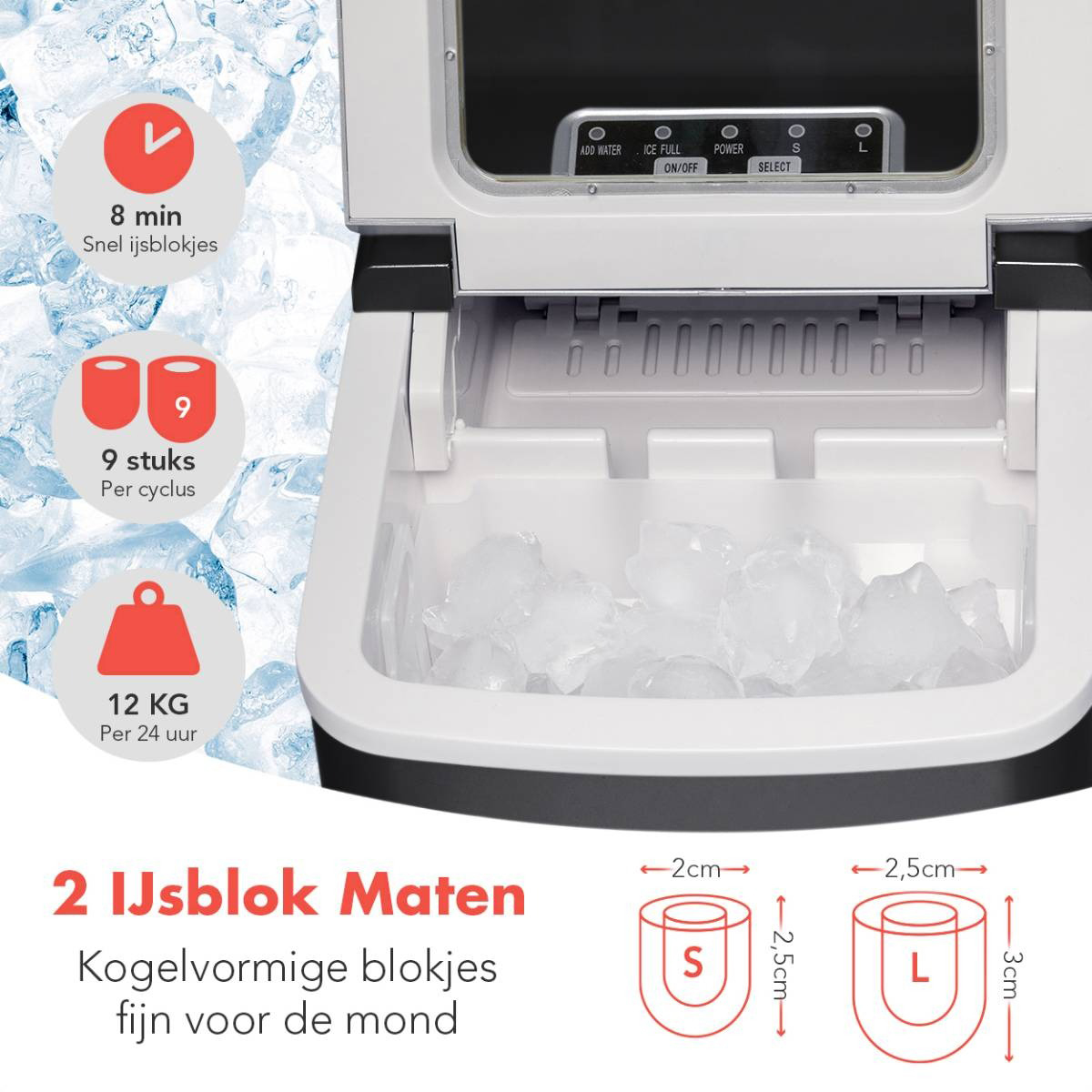 An ice maker with text about ice production, including size and quantity.
