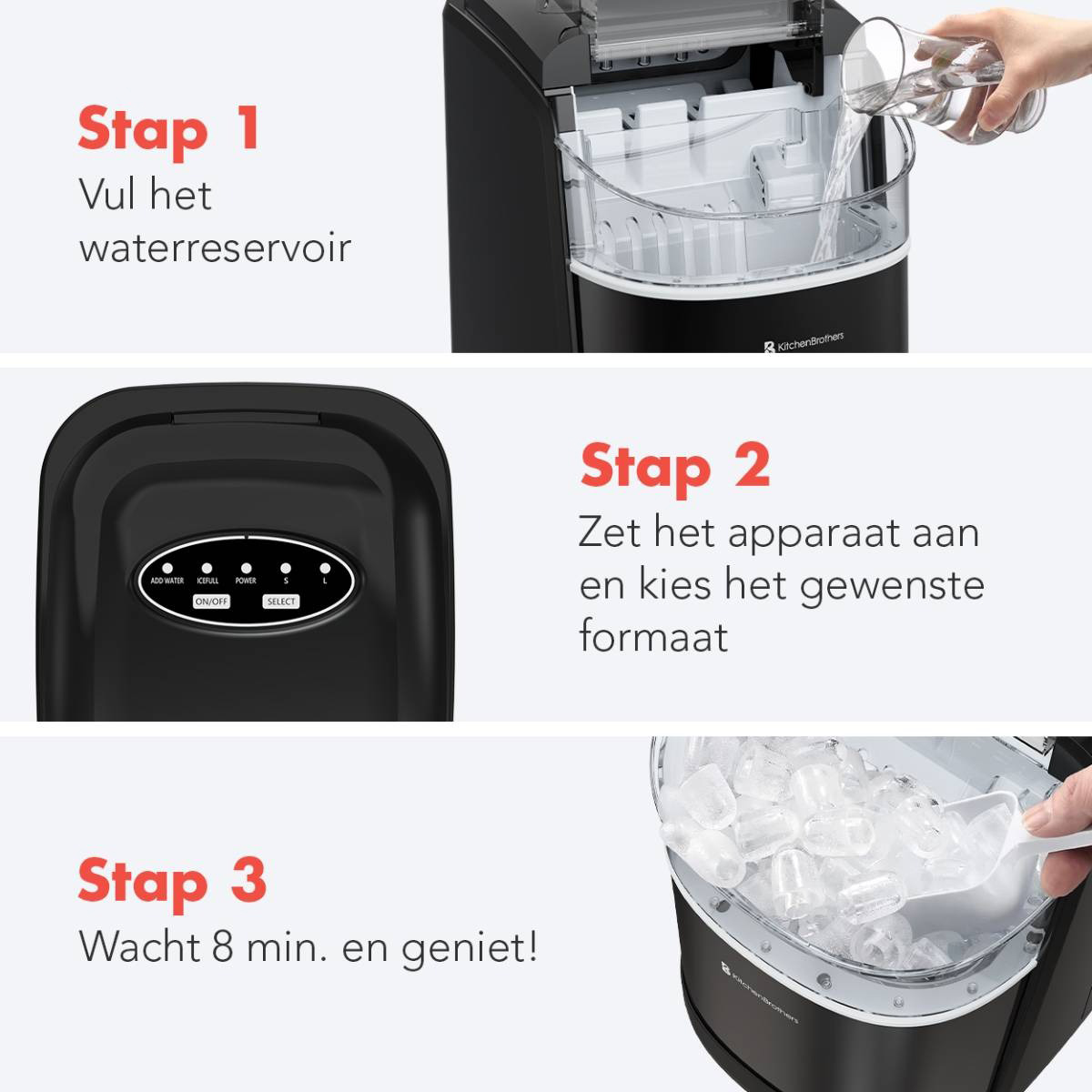 Three images showing the process of using an ice maker machine: fill, start, and enjoy.