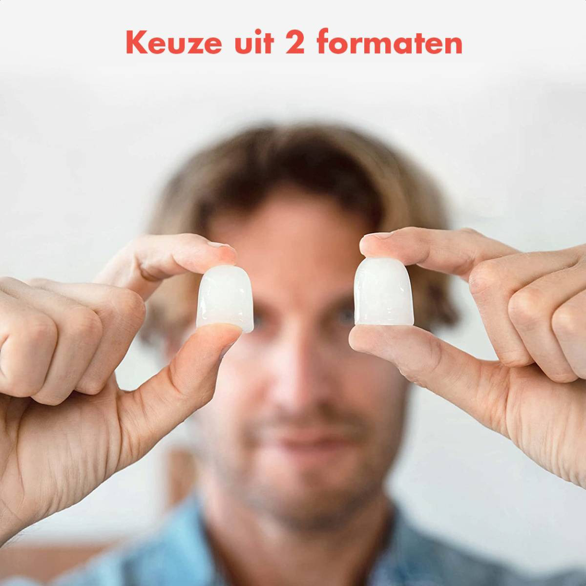 A man holding two ice cubes. Text above reads: Choice of 2 sizes.
