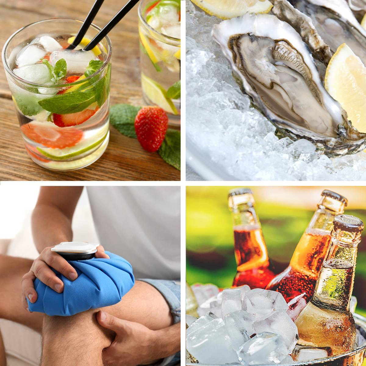 Four images: cocktails, oysters on ice, ice pack on knee, beer with ice.