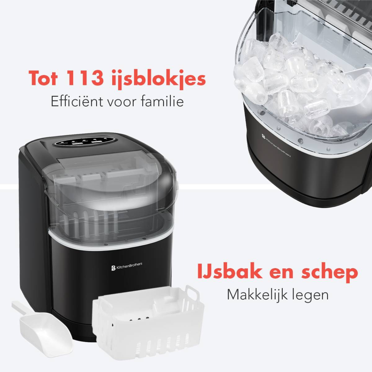 Black ice machine with ice cubes inside, a scoop and an ice tray with text.