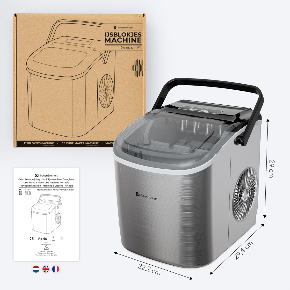 Ice cube maker machine with dimensions and a box. A user manual is next to the machine.