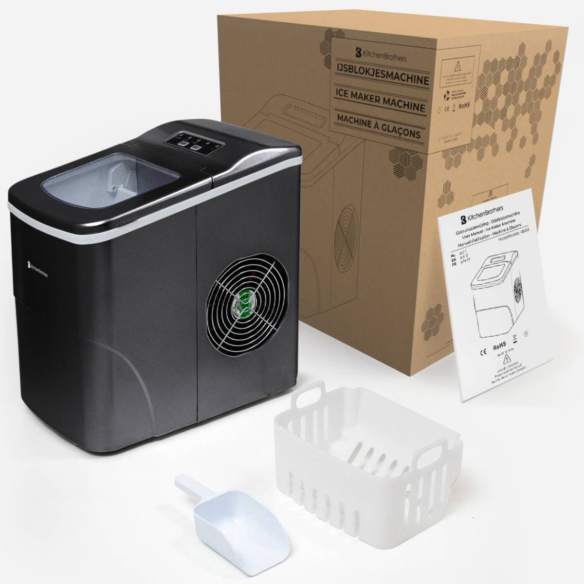Ice maker machine with the box, scoop, and basket. Black and white ice maker machine.
