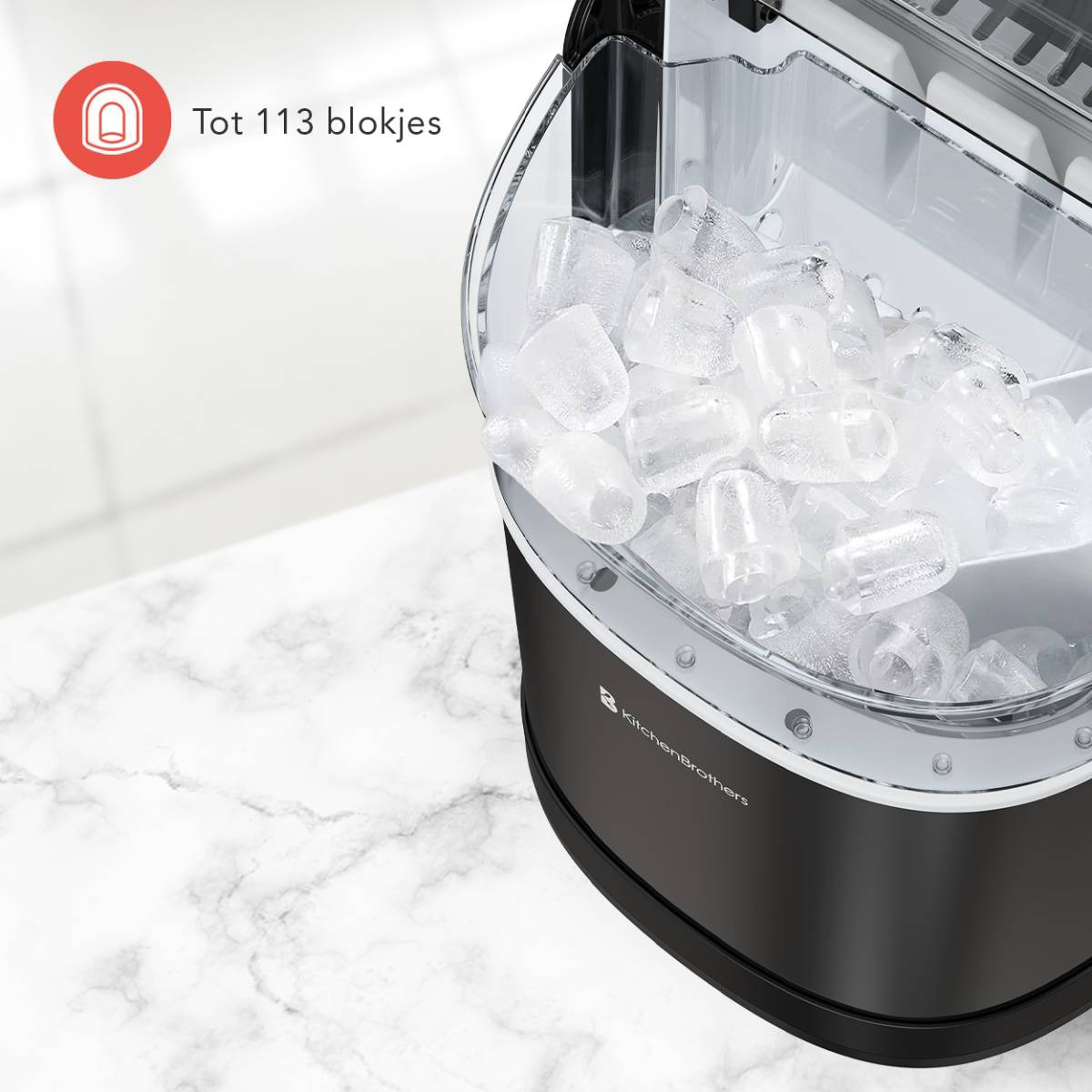 Ice machine with ice cubes inside the transparent bin. Text indicates up to 113 blocks of ice.