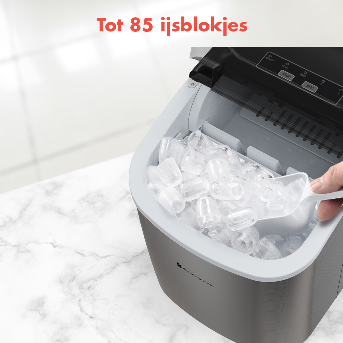 Person using scoop to take ice from a machine. Marble table. The machine is grey.
