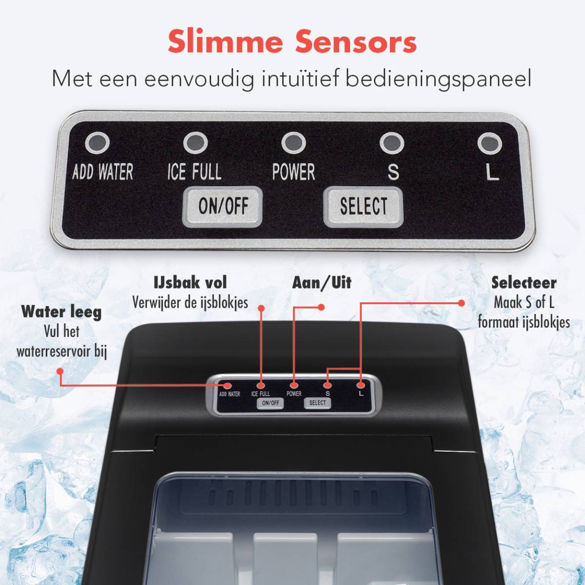 Close-up of an ice maker control panel with buttons, showing its functions.